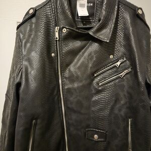 Men's Black Snake Print Leather Biker Jacket